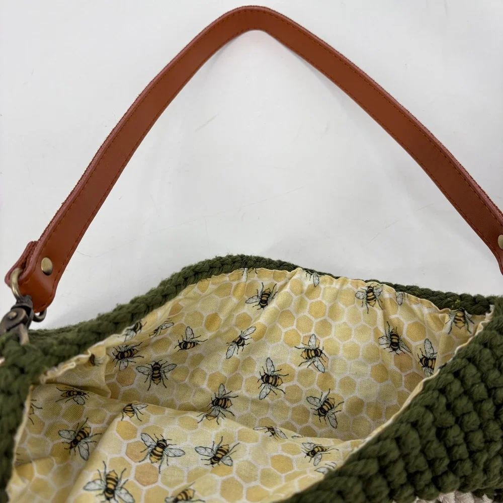 Handmade Crochet Knit Bumble Bee Lined Boho Shoulder Bag Green Cream Tote